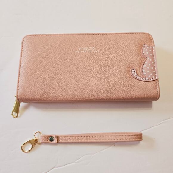 NWOT Fonmor Pink Cat Leather Wallet with Zipper - Picture 1 of 7